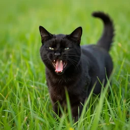 black cat in tall grass panting