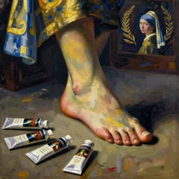 close up of a foot squishing painting tubes. painting by vermeer, yves tanguy, monet, henri de toulouse - lautrec, agnes pelton