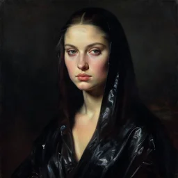 hyperrealism mixed with classicism oil painting, close - up portrait, fashion model, fully clothes in black reflect robe, complete darkness, in style of classicism mixed with 8 0 s sci - fi hyperrealism