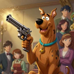 scooby doo with a gun, light dust, magnificent, close up, details, sharp focus, elegant, highly detailed, illustration, by Jordan Grimmer and greg rutkowski and PiNe(パイネ) and 薯子Imoko and 香川悠作 and wlop and maya takamura, intricate, beautiful, Trending artstation, pixiv, digital Art