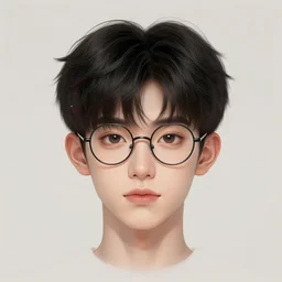 portrait of a cute androgynous young man with black hair and round glasses, heart shaped head, detailed face, clean shaven, elegant digital art by george tooker, trending on artstation