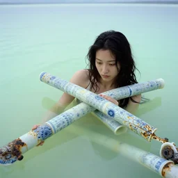 a woman buried in oil and crossed by delicate porcelain rusty pipes in a glowing iridiscent lake leica, 2 4 mm