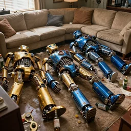 the opening scene from hangover with 3 sleeping golden and blue shiny metallic steampunk robots laying on floor and sofa, photojournalism, furniture and empty bottles all over the floor, very messy room, realistic, pressphoto, dawn light, insanely detailed