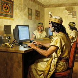 Ancient Aztecs using computer at a lan house, Ancient, artwork by Norman Rockwell,