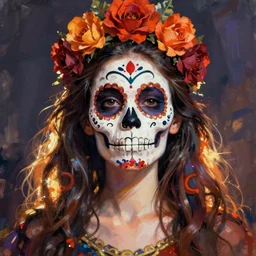 illustration of a sugar skull day of the dead girl, art by pablo picasso