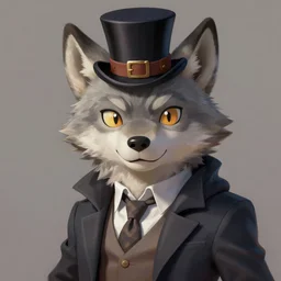fursona of wolf, gentleman with happy face, with top hat in digital art hyperrealistic painting