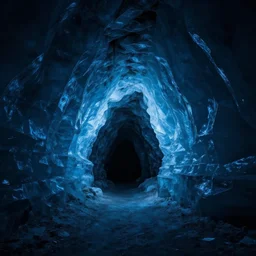 dark cave made of smooth blue ice, surreal,