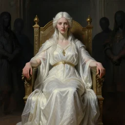 the pale lady sits on her throne. the goddess of death holds court for a featureless crowd. historical painting, artstation trending