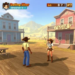 screenshot of gameplay dating simulator game set in 1 8 3 7, interior of old west saloon, featuring african american and japanese cowboys and cowgirls in ghost town with buildings painted bright pastel colors, morning light with mountains in the background