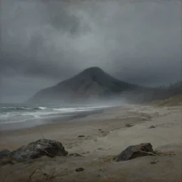 grunge painting of a beach landscape. in the distance, there is a mountain. by bob ross, grim, gothic, ominous, haunting, foggy background, immaculate scale, hyper - realistic, detailed, atmospheric, immaculate