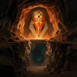 a large, dark cave, underground, in egypt, the floor is steep and at the end there is an abyss, above the abyss floats a huge head of an egyptian figure of nefertiti, it is all orange and has a divine aura megalophobia, digital art, synthwave, artstaion