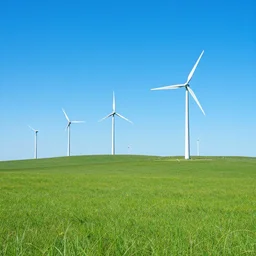 green grassland huge uncanny clear blue sky without clouds multiple wind turbins wallpaper 4K landscape HD