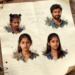 four modern indian humans emerging out of handwritten notes, detailed hyperrealistic digital art, trending on artstation
