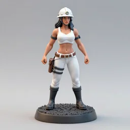 80mm resin detailed miniature of a very Muscular miner woman, helmet, white hot-pants, stomach, navel, boots, Logo, textured base; Product Introduction Photos, 4K, view from front
