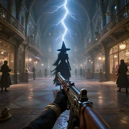point of view of a gunner on a victorian shopping mall, witch shadow black girl, cinematic lightning, ray tracing, unreal engine 5, photorealistic, 8 k, uhd, 4 k, fps game concept, extremely detailed, beautiful, elegant, intricate, foggy, in - game footage