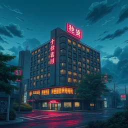 a beautiful photorealistic anime illustration of hotel building nature urbex by oscar niemeyer, tokyo matte painting magic realism azeroth hyperrealism landscape neon signs fantasy at night neon noir at dusk sunlight, archdaily, wallpaper, highly detailed, trending on artstation.