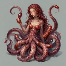 medusa with sausages instead of snakes, sausage hair, photorealistic, illustration, intricate details, masterpiece, digital art, trending on artstation