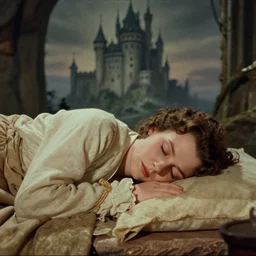 demon representing sleepiness [ 1 9 3 0 s film still ], ( fantasy castle in the background )