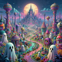 crazy psychedelic landscape full of ghosts, utopia