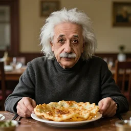 a portrait of albert einstein sitting at the dining table with a plate containing kerala parotta in front of him, highly detailed, trending on artstation, bokeh, 9 0 mm, f / 1. 4