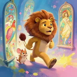 a vibrant emotional digital 3 d cg of anthropomorphic cat lion chicken rodent traveling through windows of time, studio ghibli, pixar and disney animation, sharp, disney concept art maximalist splatter paint illustration by shinji kimura and alphonse mucha and alena aenami, pastel color palette, bloom!!, dramatic lighting