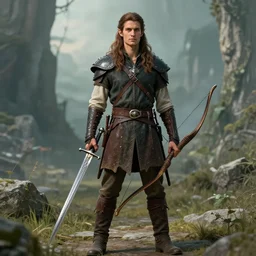 dungeons and dragons realistic photo of a half - elf ranger, 1 8 0 cm tall, caucasian with long wavy brown hair, holding a short sword and a bow, fantasy stile, fantasy environment background, realistic