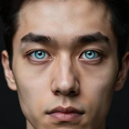Portrait color photo of an unbrushed man without face, nose and mouth, but with one bright giant eye in the center of head, high quality photo, 25mm, creepy