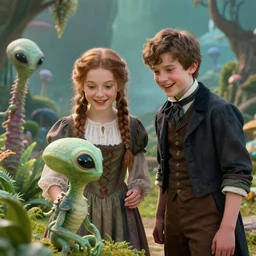 a girl and a boy standing next to some alien plants, looking happy, wearing 1850s era clothes, they are playing with their small pet alien creature, in a park on a alien planet, extremely high details, ultra realistic facial details, in focus faces, hyper photorealistic raytracing, 8k
