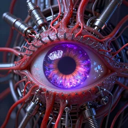 techno-biological eye, cyber punk, consisting of capillaries, veins, muscles, iron, machinery, corrvolumesugated thin pipes, wires. Biopunk, magical, extremely high detail, cinema 4d cinematic , glowing purple, vibrant red 8k