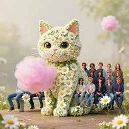 a waiting kitty made of daisies, cotton candy, Alena Aenami, Petros Afshar, Noah Bradley, Anton Fadeev, Anato Finnstark, Steve Henderson, Filip Hodas, Mark Keathley, Thomas Kinkade, Phil Koch, Gilbert Williams, Mike Winkelmann, Beeple