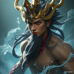 young male sea god of the vietnamese, highly detailed, digital painting, artstation, concept art, smooth, sharp focus, illustration, unreal engine 5, 8 k, art by artgerm and greg rutkowski and edgar maxence