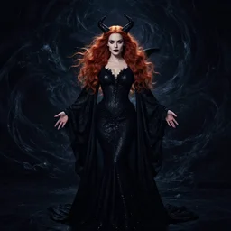 style of phil noto, marc simonetti : : gorgeous mary elizabeth winstead : : evil sorceress, swirling black magic, black dress : : symmetrical face, symmetrical eyes : : full body pose : : gorgeous red hair : : cinematic lighting : :