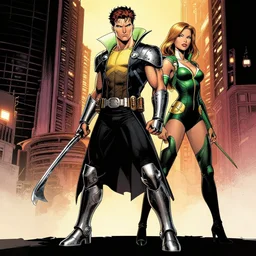 colin farrell as gambit wearing steel boots with jessica alba as rogue in the style of frank miller