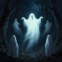 ghosts and ghouls at midnight in the forest. at night. night sky. digital painting. marc simonetti. dancing ghost ghoul. michael whelan. mysterious glow. greg rutkowski. scary. creepy. artstation.