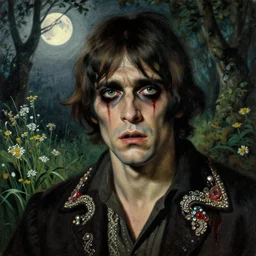 a handsome but sinister and creepy man in layers of fear, with haunted eyes, violence in his eyes, ethically ambiguous, 1 9 7 0 s, seventies, delicate embellishments, a little blood, woodland, moonlight shining on wildflowers, painterly, offset printing technique, by alexandre cabanel