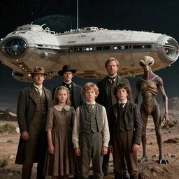 8k film still from a sci fi blockbuster color movie made in 2022, set in 1860, of a family standing in front of a spaceship that has just landed on an alien planet, a humanoid alien creature stands nearby, the family are all wearing 1850s era clothes, cinematic lighting, cinematic camera, defined human faces, extremely good lighting, good photography, winner of seven oscars