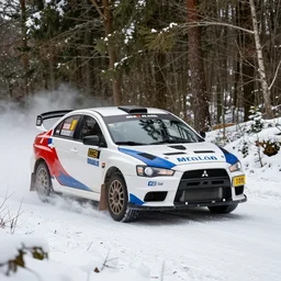 a 2 0 0 6 mitsubishi lancer evolution ix mr, racing through a rally stage in a snowy forest