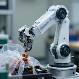a close up of a boxy robotic arm with synthetic translucent garments manufacturing a complex object, color photo, various levels of details, 5 0 mm sigma lens, high aperture