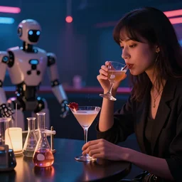 radioactive cocktails in scientific glassware in a futuristic nightclub, quiet night, girl sipping cocktail, robots