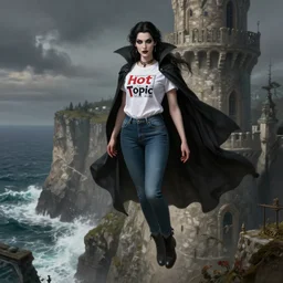 a hyperdetailed matte painting of yennefer as a goth vampire sorceress floating in front of a tower, dressed in a contemporary t shirt and jeans from hot topic, overlooking cliffs and crashing waves in the background, highly detailed, deep focus, elegant, digital painting, sharp focus, ultra realistic, 8 k, art by greg rutkowski and rembrandt and alphonse mucha