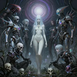 muted vaporwave ombre matte painting beautiful sinister lovecraftian alabaster female skullpunk spirits warriors wearing cool euro shades enchanted intergalactic mecha garden, man machine iridescent chimeric beholder polyphemous, power crystals trigger powerful psychotropic frequencies singularity, artgerm, wlop, james jean, andrei riabovitchev, marc simonetti, yoshitaka amano, artstation, cgsociety