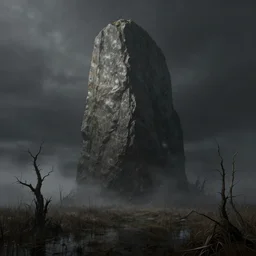 massive monolith, dead marshes, matte painting, dramatic lighting, dark, fog, artstation