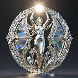 geometric mathematical shaped metal sculpture with ornate crystal glass elements reflecting rainbows into iridescent patterns, female figure within the sculpture with her arms towards the sky, sun shining down upon the scene, style of jack storms, octane render, 4 k, intricate, detailed, 3 d, refined, smoothed