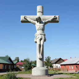 a perfect photograph of a concrete inflatable sculpture of a crucified man 2 0 0 metres tall, standing in the centre of a small village in moscow.