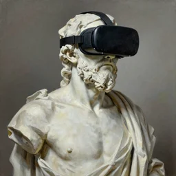a statue of socrates wearing a virtual reality headset, vr, virtual reality, virtual reality headset, oil painting