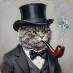 portrait of grey cat wearing a top hat and smoking a pipe, looking very smug, trending on artstation, matte oil painting, illustration, meme, gentleman