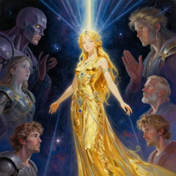 a golden goddess with blue adornments quarter turn figurative anime portrait, in space, transcending to a higher plane, the eternal blessing, in the multiverse, lazer light beaming down to top of her head, by android jones, by ben ridgeway, by ross draws, by Noah Bradley, by Maciej Kuciara + illustrative + visionary art + low angle + oil painting + profile portrait
