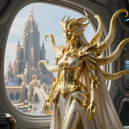 a photo of 8k ultra realistic corrupted lovecraftian golden humanoid queen standing next to a spaceship window overlooking a grand citadel, 8 intricate white and gold tentacles, ornate white and gold armour, cinematic lighting, trending on artstation, 4k, hyperrealistic, focused, high details, unreal engine 5, cinematic, masterpiece