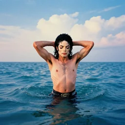 michael jackson emerges from the sea, his hands up behind is head, in the style of an athena print from the. ocean, sky. romantic