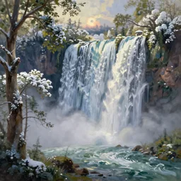 the most beautiful panoramic landscape, oil painting, where a giant dreamy waterfall is frozen, the trees around have snow over their leafs, by greg rutkowski